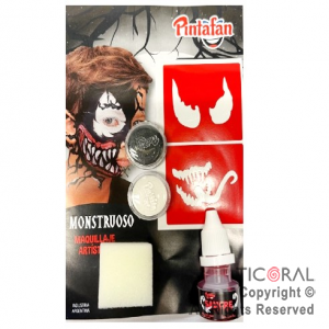 KIT MAQUILLAJE ARTISTIVO NEGRO Y BLANCO (BLISTER 2 UNID - 4 GR) + STENCIL + ESPONJA + SANGRE 20 ML